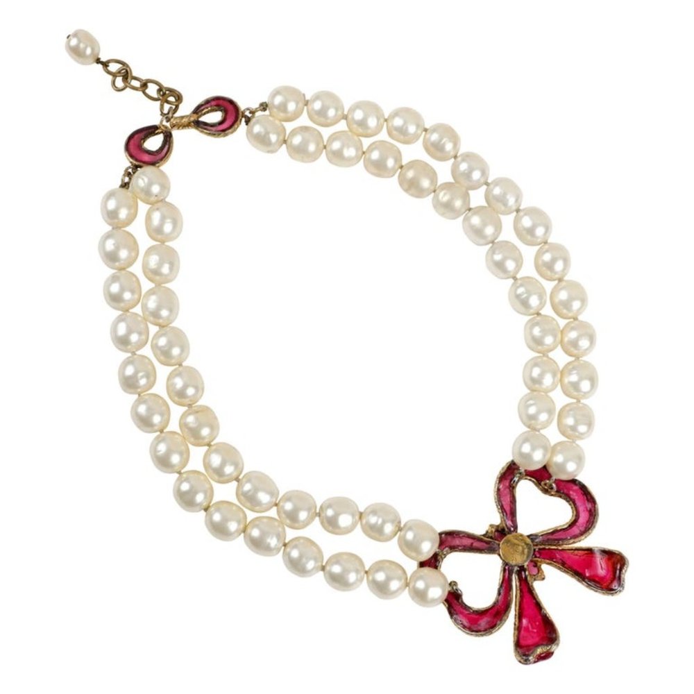 Chanel Vintage Double Pearl Red Gripoix Bow Choker